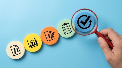 A hand holding a magnifying glass over a series of colorful circles featuring icons for documents growth charts writing checklists and a checkmark Business Planning Strategy Analysis