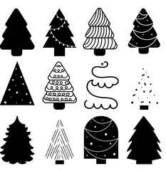 Set of Outline Monochrome Christmas Trees