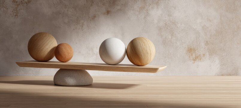 Wooden spheres balanced on a seesaw