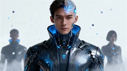 A person in a futuristic cybernetic suit with glowing blue circuitry, standing against a misty background with two blurred figures.