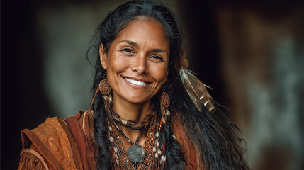 Indigenous Woman Smiling in Traditional Jewelry: Captivating Portrait of Ethnic Beauty and Cultural Heritage