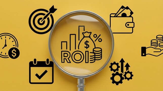 Magnifying glass reveals financial success icons including ROI growth charts a money bag coins a wallet a clock a calendar a target and gears against a vibrant yellow background finance