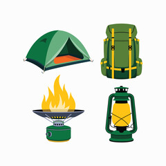 Camping gear tent backpack lantern stove bundle, camping concept vector illustration isolated on white background.