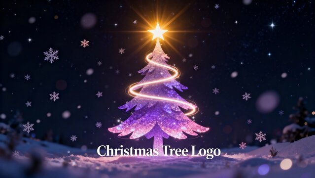 Illuminated Christmas tree with glowing spiral lights and star, set in snowy night landscape with falling snowflakes - Powered by Adobe