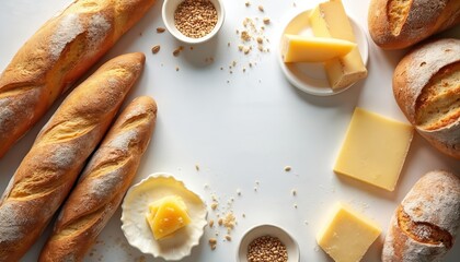 Variety of crusty artisan bread loaves and cheese wedges arranged on white surface. Grains in bowl nearby. Fresh baked goods selection for meal.