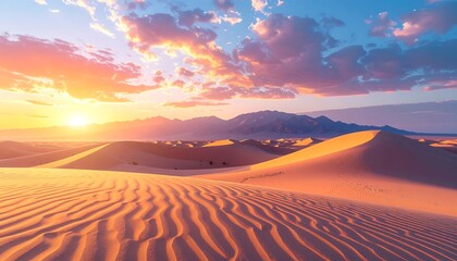 A sunlit desert scene with rippling sand dunes, mountains in the distance and a vibrant sunset sky