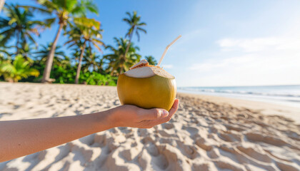 Close-up of Hands Holding a Fresh Coconut with a Straw on a Sunny Tropical Beach.Summer Vacation Concept