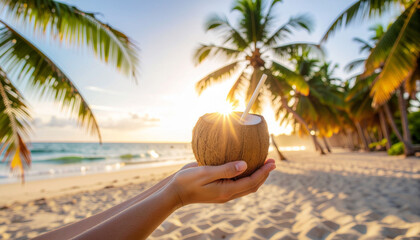 Close-up of Hands Holding a Fresh Coconut with a Straw on a Sunny Tropical Beach.Summer Vacation Concept