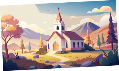 A quaint church stands peacefully amidst rolling hills and a bright sky © Rana Islam