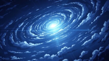 A swirling vortex of light and clouds in a dramatic night sky, representing a powerful natural phenomenon like a storm or a cosmic event