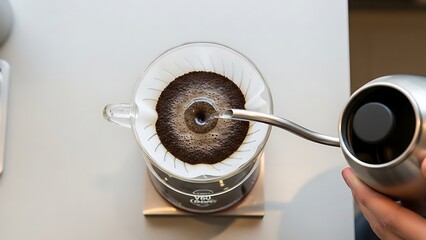Capturing the meticulous pour-over coffee brewing process from a high-angle perspective, highlighting the steady stream of hot water infusing fresh grounds for a rich and aromatic morning beverage