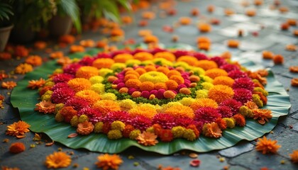 Vibrant floral rangoli made with fresh marigolds and other blossoms. Circular carpet of colorful petals arranged on banana leaf. Decorative flower artwork for festivals and celebrations.