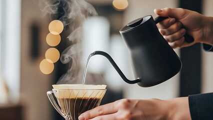 Focused hands meticulously pouring hot water from a modern gooseneck kettle into a coffee dripper, highlighting the precise craft and aromatic experience of manual brewing