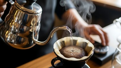 Meticulous pour-over coffee brewing hot water poured from a gooseneck kettle over fresh grounds, crafting an aromatic, steamy cup