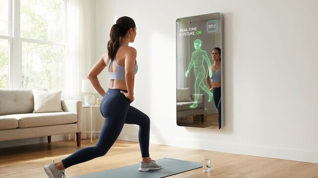 Woman exercise fitness workout at home with smart mirror real time posture feedback using edge computing for enterprise fitness monitoring and health