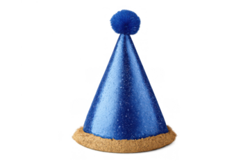 Blue party hat featuring sparkling glitter and a matching pompom, isolated on transparent background, symbolizing celebration