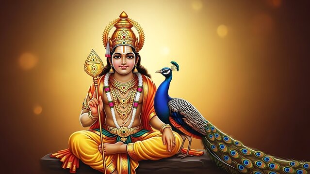 Lord Murugan Hindu God of War and Blessing with Spear and Peacock