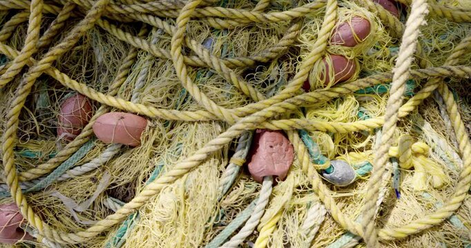 Closeup of fishing net detail on fisherman boat