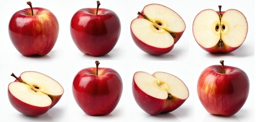 Collection of bright red apples shows whole fruit and halves on clean white background. Perfect for food blogs recipes and health content. Fruit health benefits.