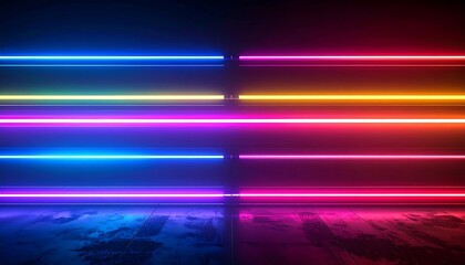 Illuminated neon tubes on a reflective surface, offering a gradient of vibrant colors that cast reflections
