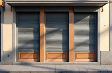 Closed street cafe with metal roller shutters and wooden panels. Building facade shows closed shop windows and storefront exterior. Urban scene with architectural detail.