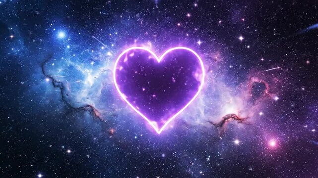 A glowing neon purple heart in space with stars, nebula and shooting stars in the background for love and Valentine's Day concepts