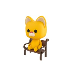 Cute 3D render Little Cat character sitting calmly on a bench, relaxed and peaceful pose, isolated on white background.
