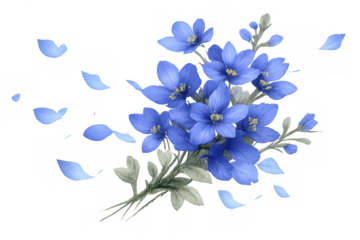 Blue flowers watercolor illustration with petals scattering in the wind, symbolizing spring, nature, and delicate beauty on a transparent background