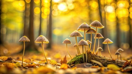 Autumnal Forest Floor Fungi Cluster Sunlight Illuminates Delicate Mushrooms Growing on Mossy Log Amidst Fallen Leaves