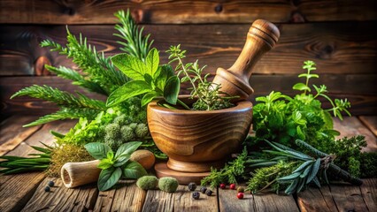 Aromatic Herbs and Spices in a Wooden Mortar and Pestle on Rustic Table