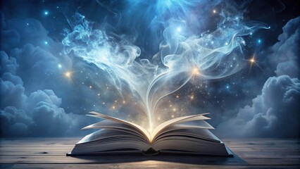 A Mystical Open Book with Ethereal Light and Celestial Wonders Emanating from its Pages, Resting on a Wooden Surface Under a Night Sky