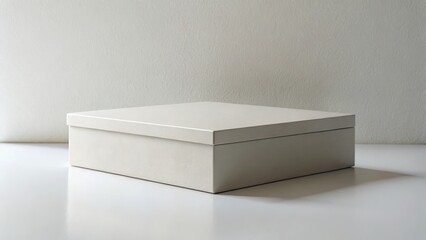 A Simple Elegant Off-White Square Box on a White Surface Against a White Wall