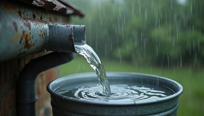 Rainwater collected in metal bucket from rusty gutter during heavy downpour. Clear fresh liquid stream cascades, creates ripples on surface. Outdoors wet weather, nature.