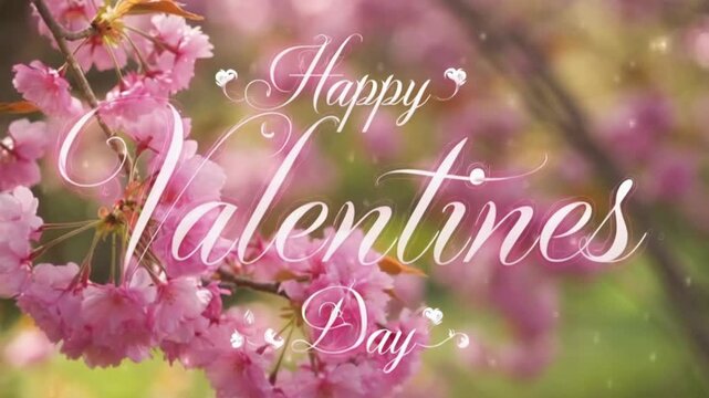 A romantic Valentine's Day greeting card with pink cherry blossoms and text overlay, set against a blurred green outdoor background, perfect for holiday promotions - Powered by Adobe