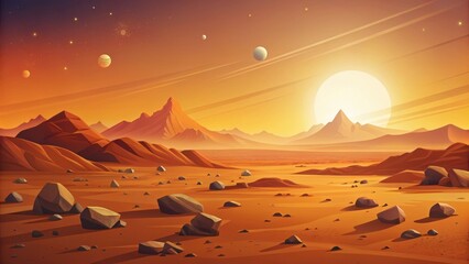 Alien Planet's Sunset A Serene, Rocky Desert Landscape Under a Bright Starry Sky
