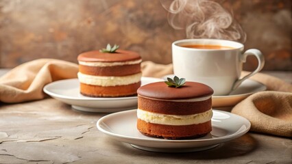 Two delectable layered chocolate mousse cakes, elegantly presented on individual plates, accompanied by a steaming cup of tea, create a perfect moment of sweet indulgence