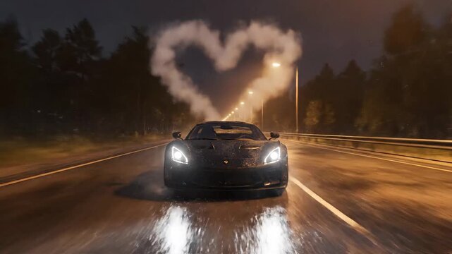 A sleek sports car speeds down a wet highway at night, surrounded by trees, with a heart-shaped smoke trail behind
