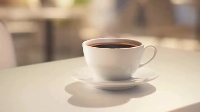 A steaming cup of coffee on a white table with blurred outdoor cafe background
