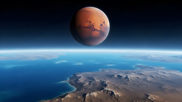 "Blood-red Mars hovering above a crystal-blue ocean on an alien world, cinematic lighting, high-contrast textures, and scientifically plausible terrain for immersive educational visuals"