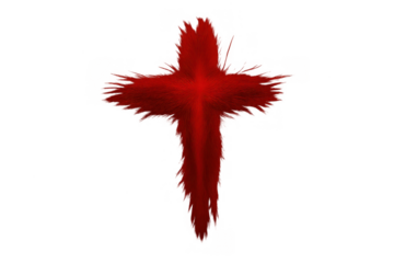 Abstract red cross representing spiritual, religious, and sacrifice concepts with a textured, feathery design