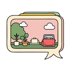 Colorful picnic setup with lunchbox and plants in a speech bubble