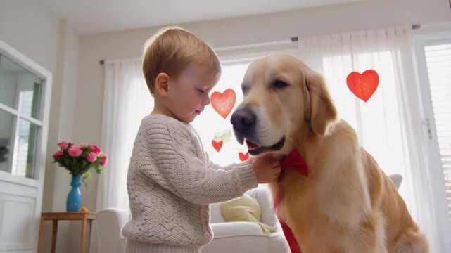 Child affectionately petting a dog wearing a red bow tie in a cozy living room with heart decorations on Valentine's Day