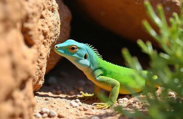 Fototapeta premium Bright green lizard with blue head and yellow belly sits on sandy ground near brown rock. Desert reptile pauses among pebbles and dry plants in warm sunlight.