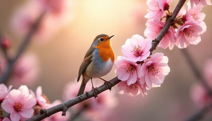 Fototapeta premium Small robin bird rests on a flowering tree branch. Pink blossoms and warm sunlight create a soft background. This creature is part of natures delicate springtime beauty.