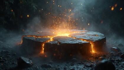 Cracked stone circle with bright orange lava glow bursts forth, surrounded by mystical fog and flying embers. Mysterious natural element, dark nighttime fantasy scene, magical energy release.