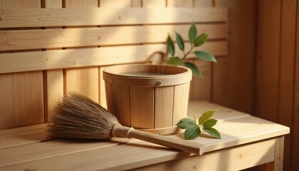 Wooden bucket with water and whisk broom rest on bench in sauna. Birch leaves accent peaceful spa interior. Steam bath relaxation equipment awaits for wellness ritual.