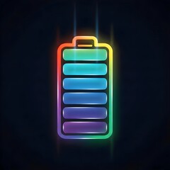 A vibrant, neon-style illustration of a battery icon with a glowing rainbow outline. Inside, six horizontal pill-shaped bars display a colorful gradient from teal to purple on a dark background.
