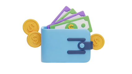 3D Render of Blue Wallet with Dollar Bills and Coins