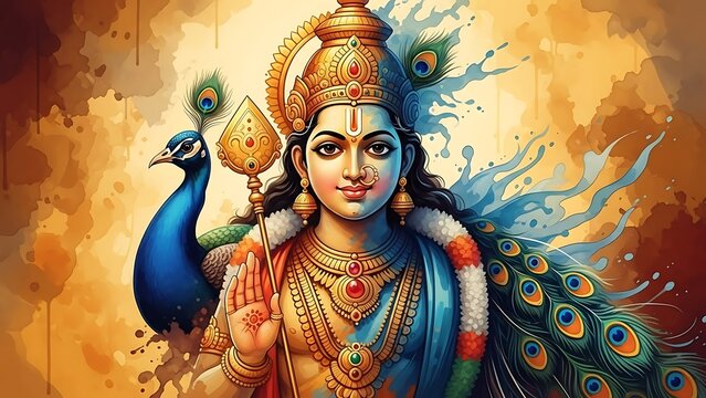 Lord Murugan Hindu God of War and Blessing with Spear and Peacock