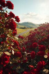 A hyper-realistic depiction of dark red roses showcases various stages of bloom, from tight buds to fully open flowers, amid natural imperfections. The scene includes glossy dark green leaves and tang